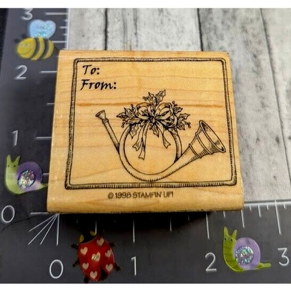 Stampin' Up! To From Gift Tag Holiday Horn 1998 Rubber Stamp Wood #A111